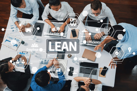 A diverse team engages in a collaborative meeting focused on lean management strategies, utilizing...