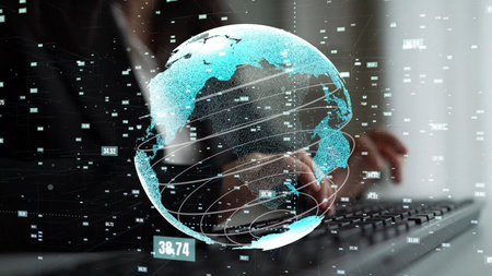 This image showcases a digital representation of Earth, featuring intricate data visuals symbolizing...