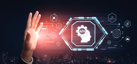 AI machine learning and software development for modern technology solutions. A concept of coding,...