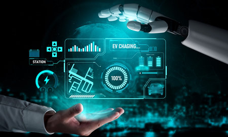 AI enhances EV charging systems by monitoring battery levels, optimizing charging paths, and guiding users to nearby stations for improved electric vehicle experienceの写真素材