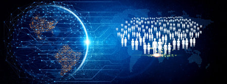 Futuristic Global Network Concept with Digital Connections and Diverse People Group Representing...