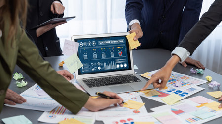 Analyst team use sticky note for creative and analytic brainstorm for business idea with data...