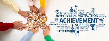 A group of diverse hands works together to assemble gears, symbolizing collaboration and the...