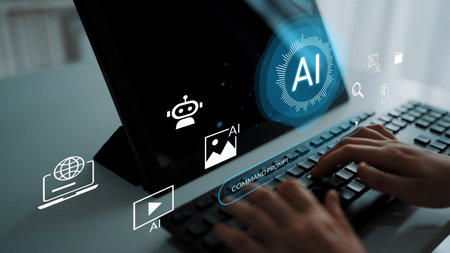 Hands typing on keyboard with AI technology symbols on screen, demonstrating innovation in digital...