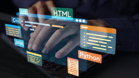 Software development with coding overlays, programming languages, developer tools, mobile app...