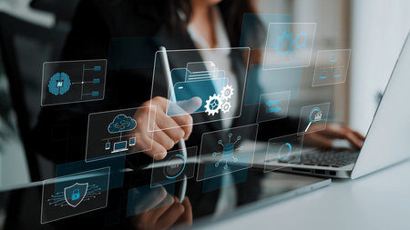 Digital business infrastructure with data system, analytics, sync. System management improves...
