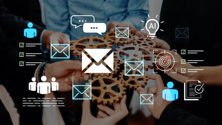 Collaboration and Communication Concept with Gears and Digital Icons in a Business Environment...