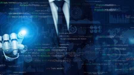 A businessman engages with a futuristic touchscreen displaying data analytics and coding concepts,...