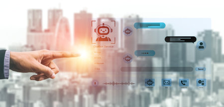 Modern AI chatbot service dashboard featuring 24 7 automated AI support, voice recognition, and...