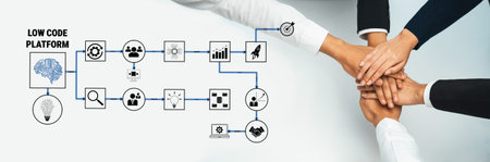 Collaborative Hands Over a Low Code Platform Infographic Depicting Workflow and Process Improvement...