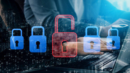 Digital security concept illustrating a cybersecurity breach, with a red unlocked padlock indicating...