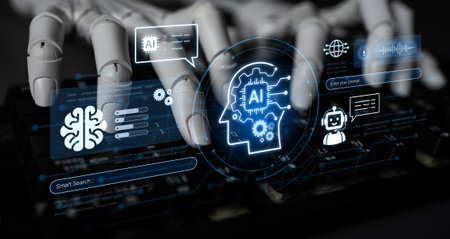 Advanced AI cognitive computing concept with human brain and AI gear integration, featuring smart AI...