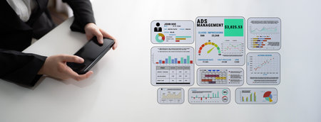 Professional Businessperson Analyzing Digital Dashboard with Smartphone Visualizing Marketing...