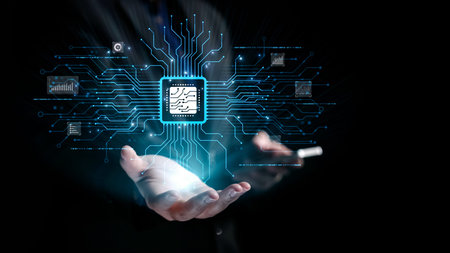 A human hand holding a microchip surrounded by dynamic digital connections and data visualizations,...