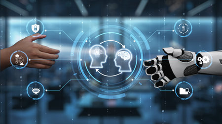An engaging visual showcasing the collaboration between human and robot. The digital representation...