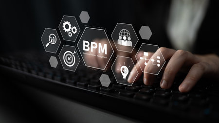 Business Process Management concept showing workflow analysis, process optimization, team...