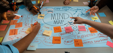A diverse group of individuals collaborating in a workshop environment, engaging with a mind map...