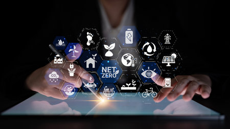 Net zero and sustainability concepts with environmental balance, digital sustainability icons, green...