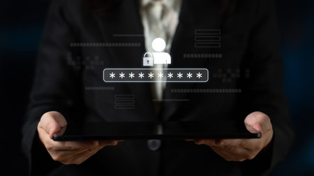 User authentication and password protection concept showing secure login, privacy safeguard, data...