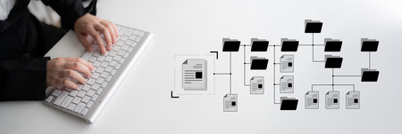 Digital file structure showing folder organization, file hierarchy, and document arrangement. File...