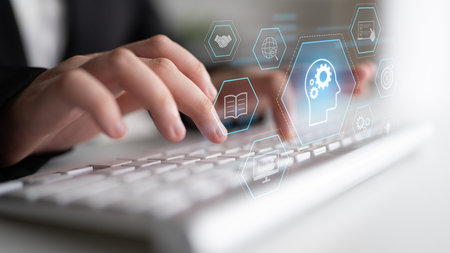 Head with gear and icons representing learning, digital training, and development process, showing...