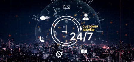 Concept of 24-hour customer service. Providing constant, non-stop support and assistance through...