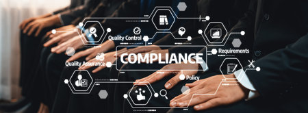 A professional business team in a meeting focused on compliance and quality control, with hands...
