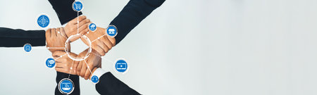 Office worker team stacking hand together symbolize successful group of business partnership and...