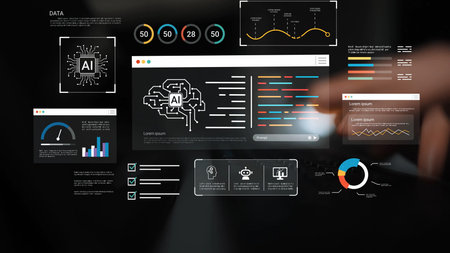 Futuristic digital interface showcasing artificial intelligence concepts with graphs, data...