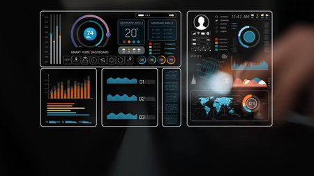 Smart home dashboard manages IoT system. Smart home dashboard controls temperature, dashboard tracks...