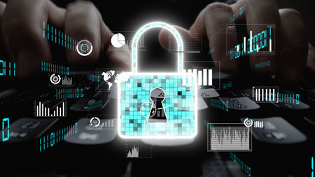 This image illustrates the concept of cyber security with a digital lock and keyboard, symbolizing...