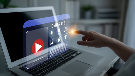 Person Using Digital Interface for Content Generation on Laptop with Futuristic Touchscreen Features...