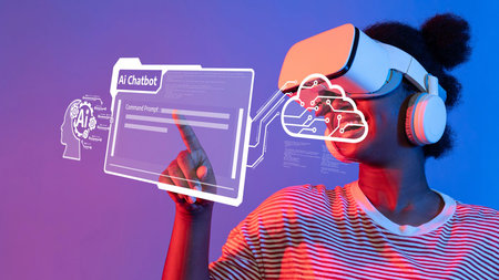 A woman wearing a virtual reality headset engages with an artificial intelligence chatbot interface,...