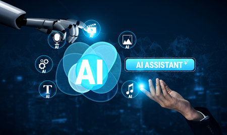 Futuristic Concept of Artificial Intelligence with Robotic Hand Reaching Towards a Human Hand...