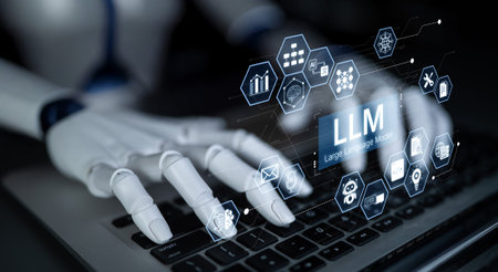 Large Language Model LLM processing data. Represents deep text learning, natural language processing...