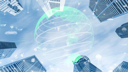 Captivating view of a modern city skyline under a bright sky. An abstract global network overlay...