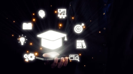 Innovative visualization of online education, showcasing a smartphone surrounded by glowing icons...