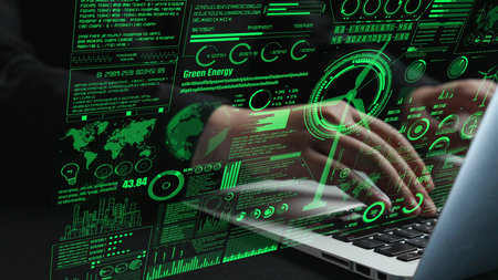 This image illustrates a futuristic green energy interface with hands typing on a keyboard. The...