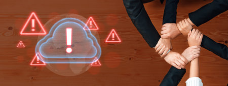Red alert triangles over a blue cloud icon, symbolizing cloud security threats, system warnings, and...