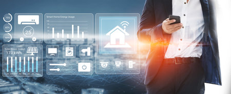 A businessman interacts with a smartphone in a futuristic environment showcasing smart home...