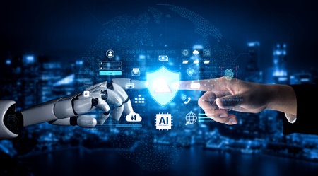 Cybersecurity concept featuring an AI detector scanning digital content for deepfakes and authenticity. Represents copyright protection, fake news prevention, and C2PA content credentials. Corpusの写真素材