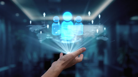 A hand gracefully holds digital avatar icons in a sleek office environment, representing futuristic...