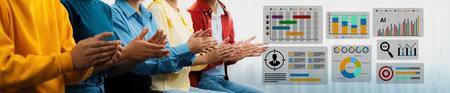 A diverse group of business individuals show their support through applause during an innovative...