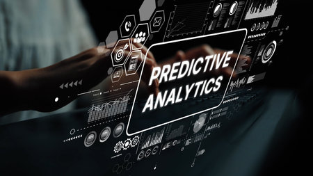 Hands on Transparent Screen Displaying Predictive Analytics Data and Graphs in Modern Office...
