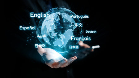 A captivating visual of a person holding a digital globe, showcasing various language names. This...