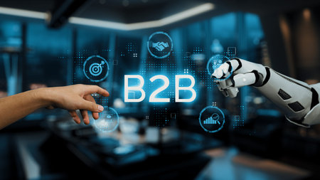 A dynamic scene depicts a human hand reaching out to a robotic hand in a stylish office, symbolizing...