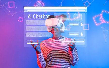 A cheerful user engages with a futuristic AI chatbot interface through virtual reality, showcasing...