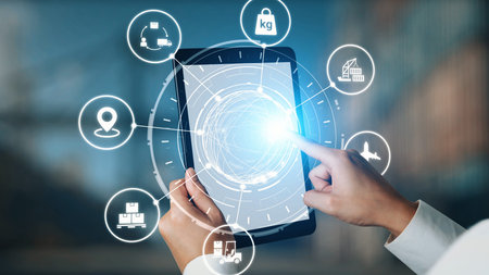 Logistics icons illustrate delivery, supply chain, warehouse, and shipping. Logistics connects...