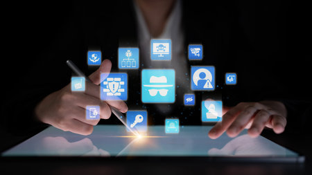 Cyber security icons show cyber attack defense, malware protection, and data security. Cybersecurity...