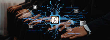 A close-up view of hands of business professionals positioned together, combined with a visual...